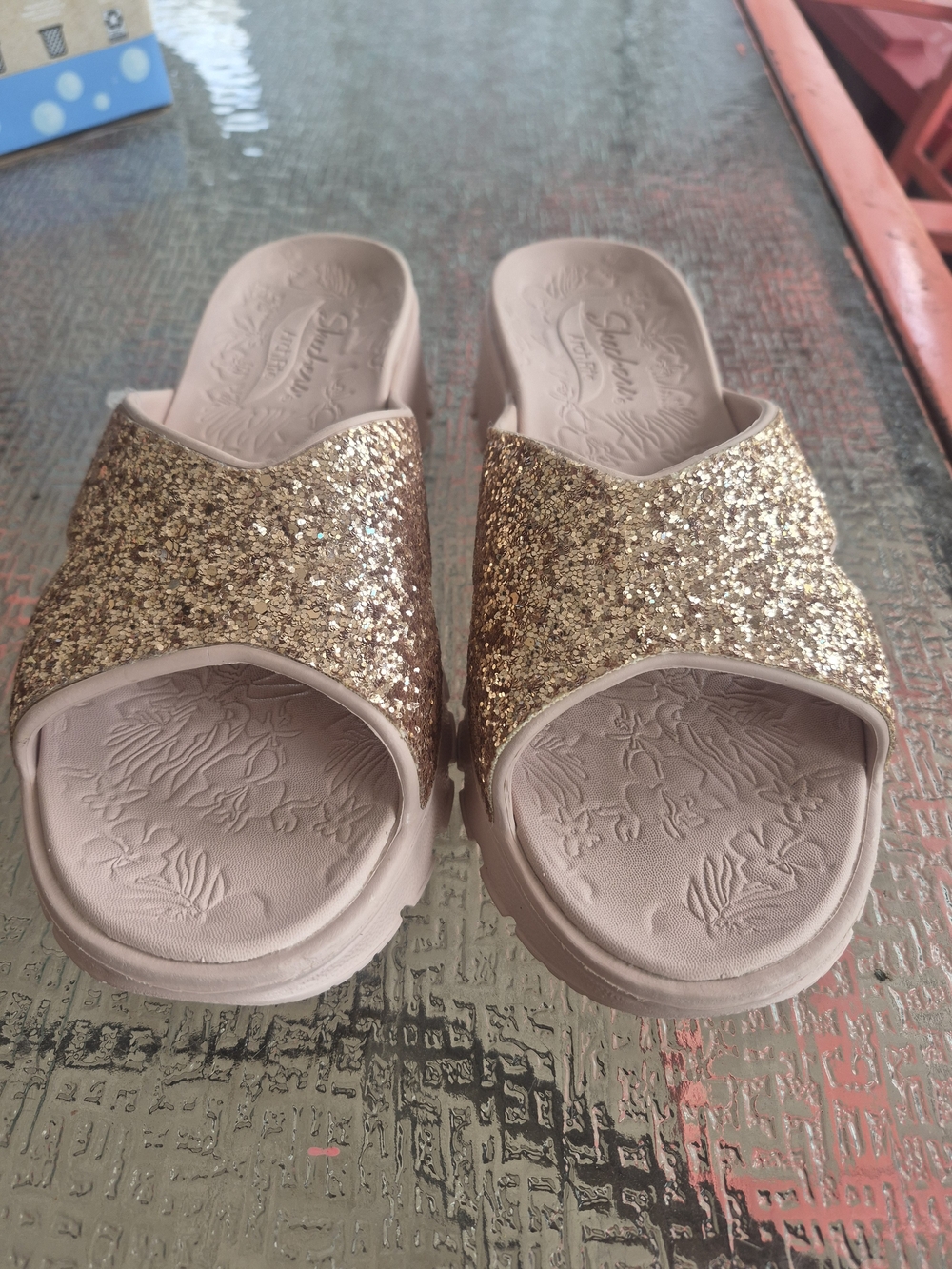Skechers Women's Pink Glitter Slide Sandals with Embossed Footbed